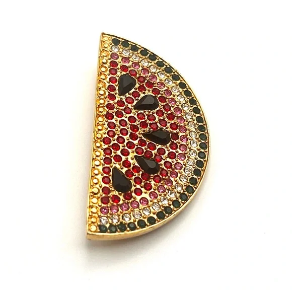 Vintage Carlisle Signed Swarovski Rhinestone Red Pink Gold Watermelon Brooch - Picture 9 of 10